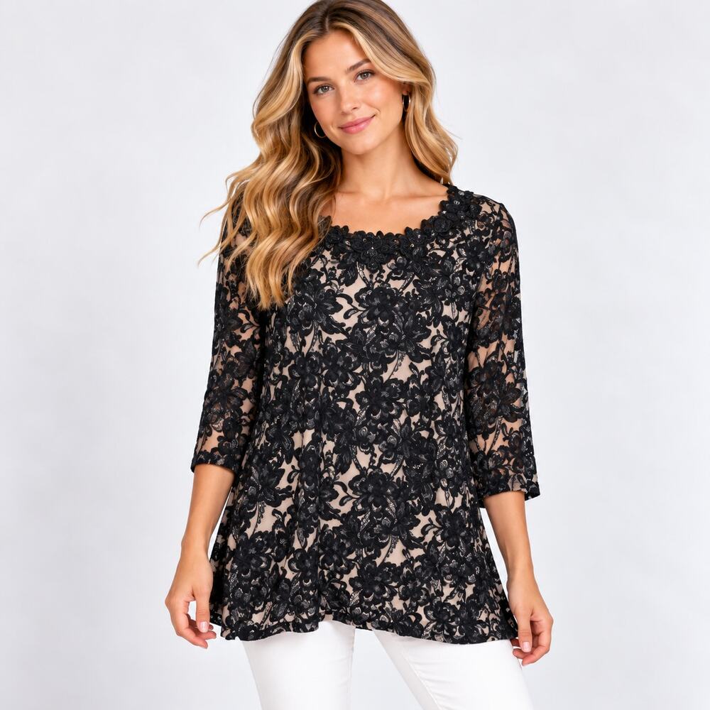 Susan Graver Liquid Knit Blouse Womens Size 2X Black Tan Floral Crochet Neckline